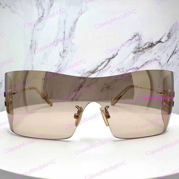 New MIU MIU Aube Sunglasses Gold Light Brown Mirror Bronze Rimless Wrap Womens main image 16